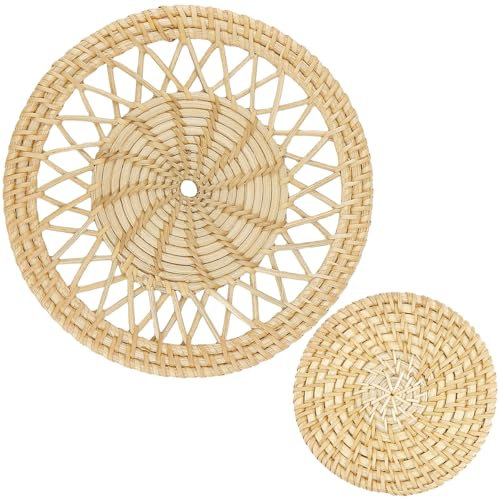 LNQ LUNIQI Rattan Wanddeko Boho Deko, 2 Stück Rund Wandkörbe Rattan Hängend, Handgewebte Böhmische Wanddekoration für Wohnzimmer Schlafzimmer, Beige