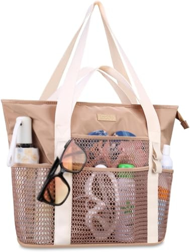 Lacdo Strandtasche für Frauen, Beach Tote Tasche mit Reißverschluss Sanddicht Faltbare Pooltasche für Sandstrand, Beach Reise Bag Wasserdicht Tragetasche, Khaki