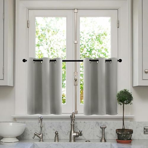 Lirzxin Bistrogardine, Scheibengardinen Blickdicht Fenster Gardinen mit Ösen Doppelseitig Einfarbig Polyester Kurzer Gardine für Wohnzimmer Bad Landhaus, 132x41CM, Hellgrau, 2er Set
