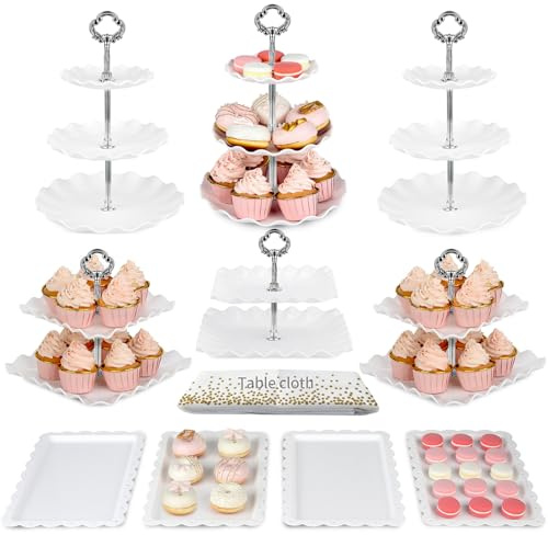 Pack of 11 NWK Cake Stand Set, Cupcake Stand, with 3 x Two-Tier and 3 x Three-Tier Cupcake Stands, 4 x Appetizer Trays, 1 x Tablecloth for Birthday Bridal Baby Shower Party (Silver)