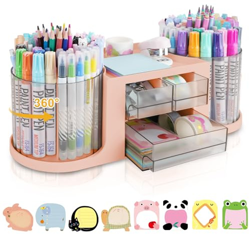 RETON Roterande skrivbordsorganisatör med 2 pennhållare, multifunktionell pennorganiserare med 3 lådor, 10 fack pennhållare för skrivbord, kontor, skola, hem (rosa)