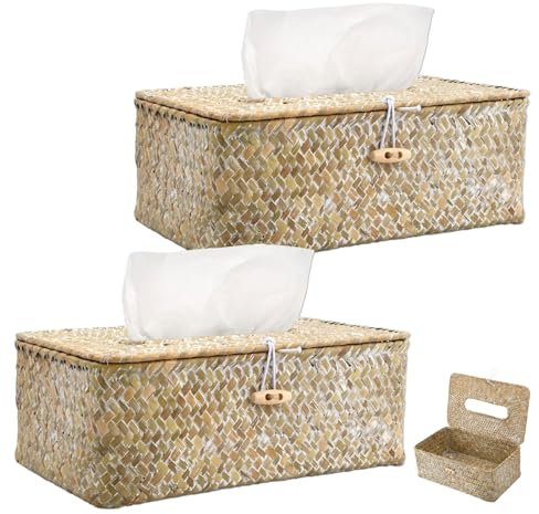 Seegras Tissue Box, 2 Stück Rechteckige Gewebte Tissue Box, Tücherbox, Dekorativer Gewebter Papierhalter, Handgewebte Tissues Boxes, Geeignet für Zuhause, kosmetiktücherbox, Weiß Abwischen ﻿