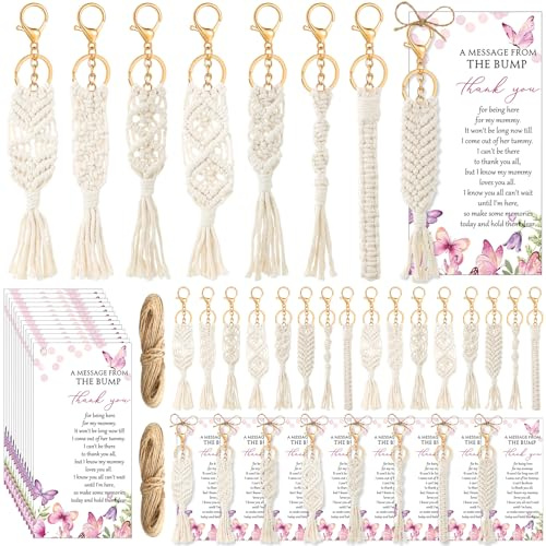 Ecation 24sets Boho Baby Shower Favors for Guests Bohemian Macrame Keychains Bulk Crochet Tassel Key Rings Thank You Cards Gifts