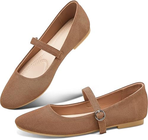 Obtaom Mary Jane Flat Shoes Round Toe Ballet Flats for Women Dressy Fabric Business Flats Comfortable Classic Strap Flats for Office(Brown,US8)