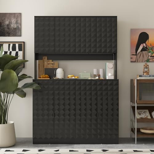 8-türiger Küchenschrank mit 2 Schubladen, Schwarz mit Arbeitsplatte, Mehrzweck-Küchenschrank mit verstellbaren Einlegeböden, 7 cm Blister, 7 cm Vierkantstange, 40 x 180 x 119 cm