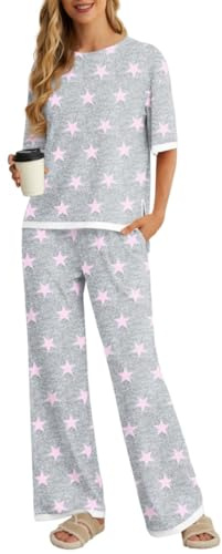 PrinStory Pyjamas For Women UK Short Sleeve Crew Neck Tops And Wide Leg Trousers