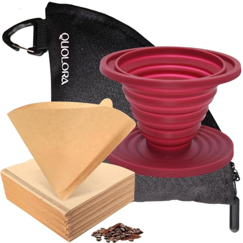 Portable Pour Over Coffee Kit - 3-in-1 Waterproof Pouch with Collapsible Silicone V02 Cone & 50 Unbleached Paper Filters, Compatible with Hario V60 - for Travel, Camping – QUOLORA