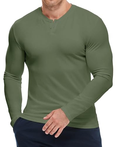 Meilicloth Henley Shirt Herren Langarm-T-Shirt Muskelshirts T Shirts für Herren Slim Fit Freizeitshirt V Neck mit Knopfleiste Grün M