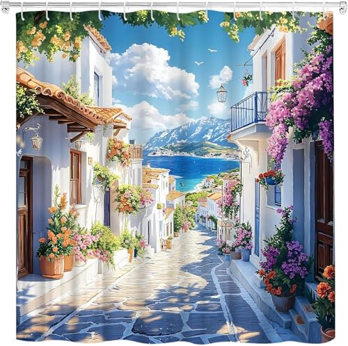 Duschvorhang 180x200 cm Griechische Landschaft Duschvorhang Mediterrane Architektur Bad Vorhang Anti Schimmel Wasserdicht 3D Shower Curtains Waschbar Duschvorhänge für Badewanne Badezimmer B-2358