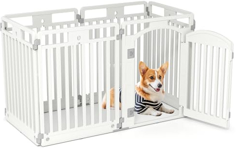GOPLUS Welpenlaufstall, Hundelaufstall faltbar mit abschließbarer Tür, 80 cm Welpenauslauf Outdoor Indoor, tragbarer Haustierzaun mit 6 Paneelen und Pflöcken, Hundeauslauf aus Kunststoff für Hünde