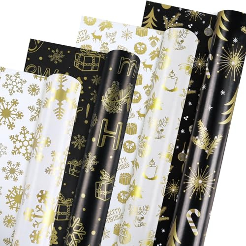 4 Rollen Geschenkpapier Weihnachten, Schwarz und Metallic-Gold Weihnachtsgeschenkpapier zum Mann Frauen Kinder, 4 verschiedene Designs Geschenkpapier Rolle für Weihnachten, 43cm x 3m pro Rolle