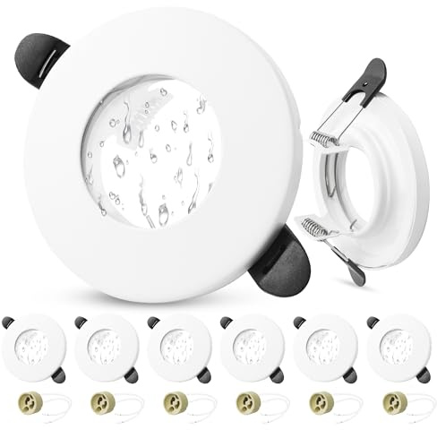 Laiebri 6er Set GU10 Einbaurahmen IP65 Wasserdicht, Einbaustrahler Metallgehäuse Rund Weiß, Feuchtraum Einbauleuchten 55–70mm Lochmass, Bad Küche Deckenspot inkl. GU10 Fassung, Ohne Leuchtmittel