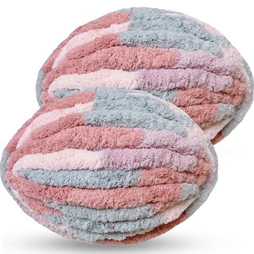 DISDADA Ovillo Lana Gruesa Para Tejer A Mano, Hilo Chenilla Grueso para Crochet, para Tejer Alfombras Bufandas Mantas Cojines Gorros De Punto (2×250g, Color de flor de cerezo)