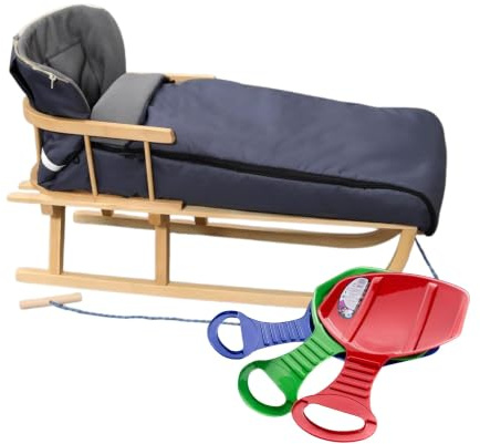 BirnePower Holzschlitten 90cm mit Rückenlehne und Winterfußsack 90cm oder 108cm Komplettset inkl. Zugseil & Gurt, Rodelschlitten aus Buchenholz