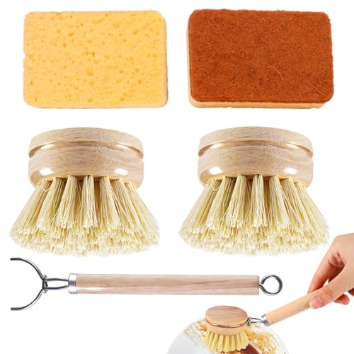 5-Piece Set Wooden Washing Up Brushes for Kitchen, Long Handle Wooden Dish Brushes for Washing Up With 2 Replacement Heads and 2 Sponges, Kitchen Cleaning Pots Pans and Dishes