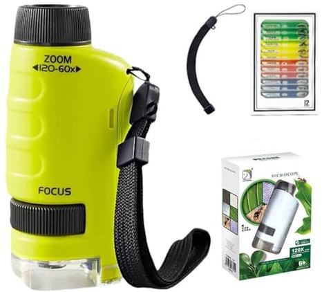 Microscope Portable Enfants,60-120X Focus,Microscope de Poche Éducatif avec LED,Petit Scope Enfant avec 12*Spécimens,Jouet Scientifique Filles Garçons 4-16 Ans (Vert)