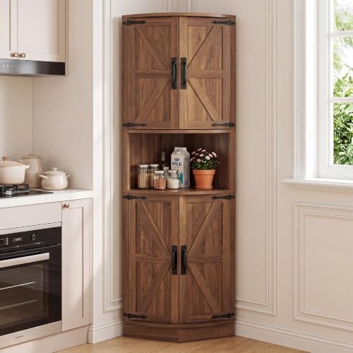 BonVache Küchenschrank Hoch, Eckschrank, Badezimmerschrank Schmal, Eckregal mit 4 Türen und 5 Ablageflächen, 165cm Aufbewahrungsschrank Holz, Hochschrank für Küche, Wohnzimmer, Esszimmer,Licht Walnuss