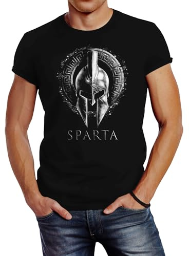 Neverless® Herren T-Shirt Aufdruck Sparta Helm Krieger Warrior Printshirt T-Shirt Used Look Slim Fit Fashion Streetstyle