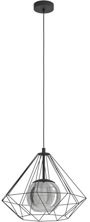 EGLO Pendelleuchte Vernham, 1 flammige Hängelampe Vintage, Industrial | Retro, Hängeleuchte aus Stahl und Rauchglas, Schwarz, Esstischlampe hängend mit E27 Fassung, Ø 44,5 cm