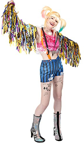 Funidelia | Harley Quinn Kostüm mit Fransen - Birds of Prey 100% OFFIZIELLE für Damen Größe XL Superhelden, DC Comics, Suicide Squad, Bösewicht - Farben: Bunt, Zubehör für Kostüm