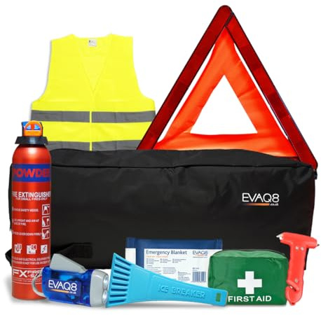 EVAQ8 Car Breakdown Emergency Kit with Fire Extinguisher – Complete Roadside Safety Kit with First Aid, Warning Triangle, Hi Vis Vest, Torch & Blanket