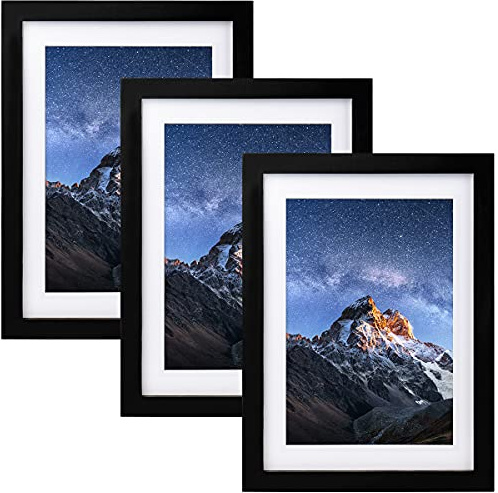 Joyshare 3er-Set DIN-A4-Bilderrahmen Schwarz 21×30 cm mit Passepartout | MDF-Holzrahmen mit bruchsicherem Acrylglas, 2 cm Rahmenbreite, Vintage Retro Design für Porträts, Collagen und Urkunden