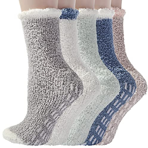 WYTartist fluffiga strumpor för kvinnor vinter tjocka varma luddiga med greppstrumpor för hemmet säng golv flickor strumpor jul gåvor - 5 par, Set D, One Size