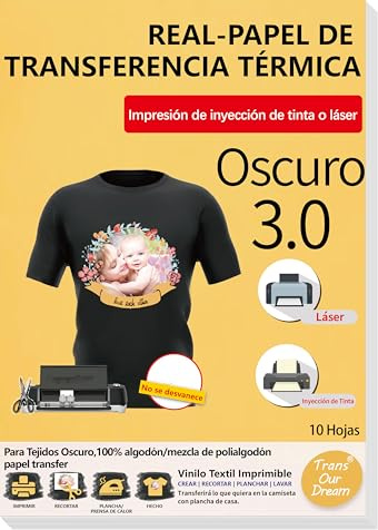 TransOurDream-Papel de Transferencia para tejido oscuro,transfer paper t-shirt printing,vinilo HTV,Mejora 3.0,A4 10 Hojas,Papel Transfer,Perfecto para fiesta.