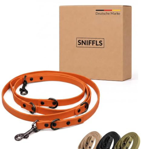 SNIFFLS Hundeleine große Hunde 240cm verstellbar - Freihandleine Orange | Metallkarabiner bis 312kg Zugkraft, 4 Führlängen, 16mm breit, 215g leicht, Veganer Lederersatz, wetterfest, abspülbar