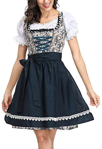 Damen Dirndl 3 Teilig Trachtenkleid Midi Dirndlkleid Trachten Kleid + Dirndlbluse + Schürze Blau Trachtenmode Dirndel Dirndelkleider Dirndl & Dirndl-Sets für Damen Mädchen Oktoberfest
