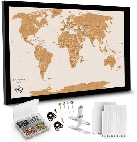 Large Push Pin World Travel Map – 30 x 20 Framed Cork Board Wall Art, Modern World Map with 200 Unique Pins for Tracking Adventures, A Premium Gift for Travelers, Couples and Families
