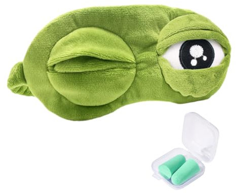 1 maschera per occhi Lonely Frog con 1 paio di tappi per le orecchie verdi in scatola, maschera per gli occhi con stampa verde, maschera per gli occhi del sonno, super morbida per dormire, mosche e