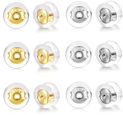 FAMIDIQGO 12 Stück Sichere Ohrring-Verschlüsse für Ohrstecker, Silikon-Ohrring-Ersatz für Ohrstecker/hängende Ohren, hypoallergene Ohrring-Verschlüsse (Silber/Gold)