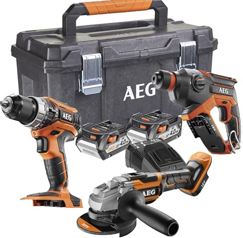 AEG - Set di 3 Strumenti: Trapano a Percussione, Perforatore Brushless, Smerigliatrice 125 mm Brushless 18 V, 2 Batterie 4,0 Ah, Cassa - JP18L3-402TB