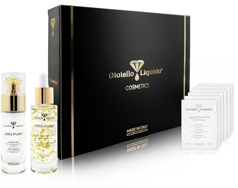 Golden Glow Geschenkbox – 1 Gesichtsserum mit kolloidalem Gold und PVP K30 + 1 Anti-Flecken-Gesichtsöl mit 24 Karat Gold und 7 ätherischen Ölen – gratis Proben-Set – 2 x 30 ml – Gioiello Liquido