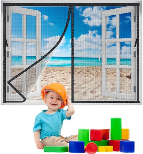Fly Window Curtain 145x130 cm, Lengthen Magnets, Screen Window Mesh for Front Patio Windowway Heavy Duty Mesh Window Screen Net Magnetic Closure Black New-Version