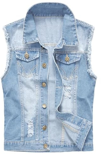 Icegrey Uomo Gilet in Denim Strappato, Vestibilità Slim, Gilet di Jeans in Cotone, Vintage Denim Gilet Senza Maniche, XXL, Azzurro