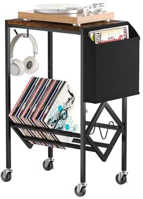 lesolar Record Player Stand,Record Player Table Storage Albums Magazine,Turntable Stand with Organizer Pocket and Wheels,Vinyl Record Storage Holder Table for Living Room Bedroom
