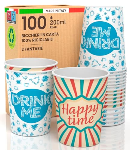 Baciato Caffè 100 Bicchieri in Carta 200ml Biodegradabili Ecologici Monouso Made in Italy MIX di Fantasie DRINK ME + HAPPY TIME Asporto Bevande Calde Acqua - Prodotto e Confezionato in Italia