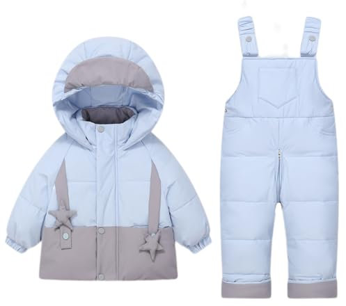 2 Pezzi Bambino Tuta da Neve Inverno Bambini Giacca con Cappuccio Giù Cappotto Nevicare Pantaloni con Bretelle Impermeabile Cerniera Tute da Sci Blu 3-4 Anni