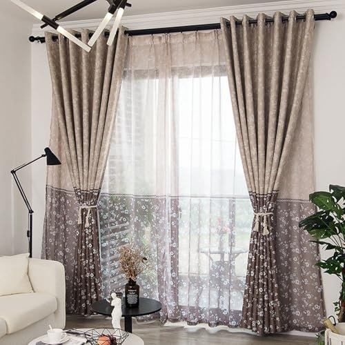 Homxi Vorhänge Durchsichtig 2er Set,2 x 107W x 138H cm,Gardinen Vorhänge Transparent Kaffee Spleißen von Blumen Ösen Gardinen Küche