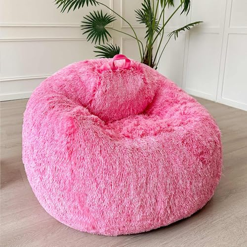 LIFEREVO Fluffy Faux Fur Bean Bag Chair Cover (No Filler), Ultra-soft Stuffed Animal Storage Bean Bag Cover for Kids Girls, Premium Furry Beanbag Cover for Organizing or Plush Toys (Ombre Hot Pink)