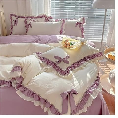 White Ruffled Bedding Seersucker Thicken Bow Sheet Washed Pillowcase Set Luxury Bedroom Warm Bedding Linen Bed Ruffle Cotton Princess Girl Decor Quilt Cover Pink Bed four pieces set(Purple,Queen200x23