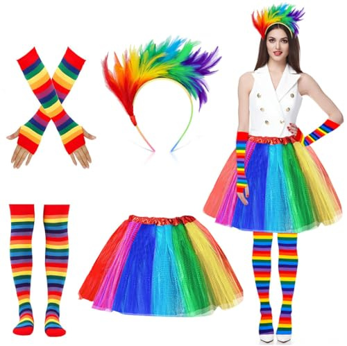 Beibeijia Regenbogen Tüllrock, Regenbogen Kostüm Damen, Karneval Kostüm Damen, Mit Feder Haarreif Riemen Mit Riemen und Clown-Nase etc, für Erwachsene für Karneval, Kostümparty, Mottoparty