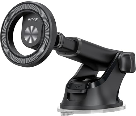 WYE MagCharge Car Phone Mount for Dashboard & Windshield, Magnetic Car Holder with 17 N45 Magnets, Telescopic Extension Arm & Ring Plate Bracket for MagSafe iPhone & Android - Black