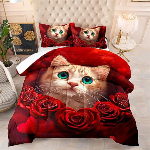 Bettdecke 140X200 Rosenkatze Bettdecken 200Gsm,Dünne Und Leichte Duvet,4 Jahreszeiten Bettdecken,Weiche Mikrofaser Bettdecke Mit 2 Kissenbezüge,Warm Steppbettdecke Für Allergiker