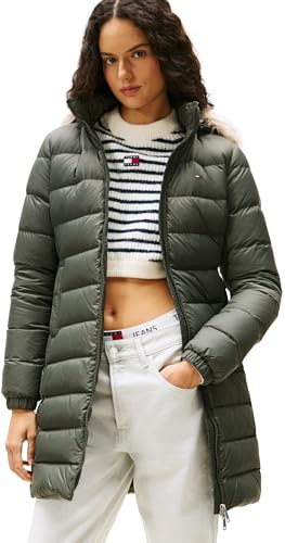 Tommy Jeans Abrigo de plumas Mujer Essential Hooded Down Coat con piel sintética, Verde (Pewter Green), S
