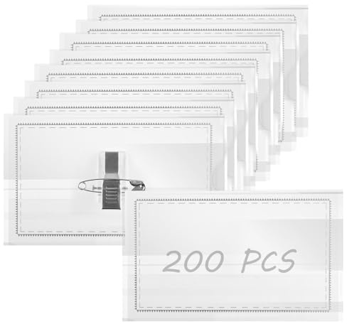 AKOLAFE Lot de 200 badges nominatifs avec clip et épingle, pour le travail, en plastique transparent, pour entreprise, école, conférence, événements, 9 x 5,5 cm