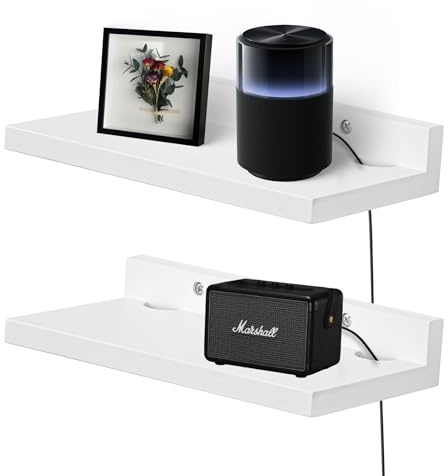 FURAOMEILI Small Floating Shelf for Wall,9 Inch Wall Mounted Shelf with Cord Hole,Small Display Shelves for Cameras, Webcam, Router,Smart Speaker,Action Figures-2 Pcs（White）
