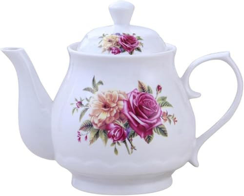 Teiera in ceramica, teiera bianca in porcellana con coperchio, dipinta a mano, bianca, chiusura in ceramica (dimensioni: 400 ml)